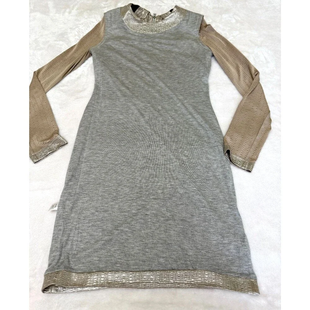 Cut25 Yigal Azrouël Gold Metallic Textured Dress Lambskin Trim Long Sleeve S